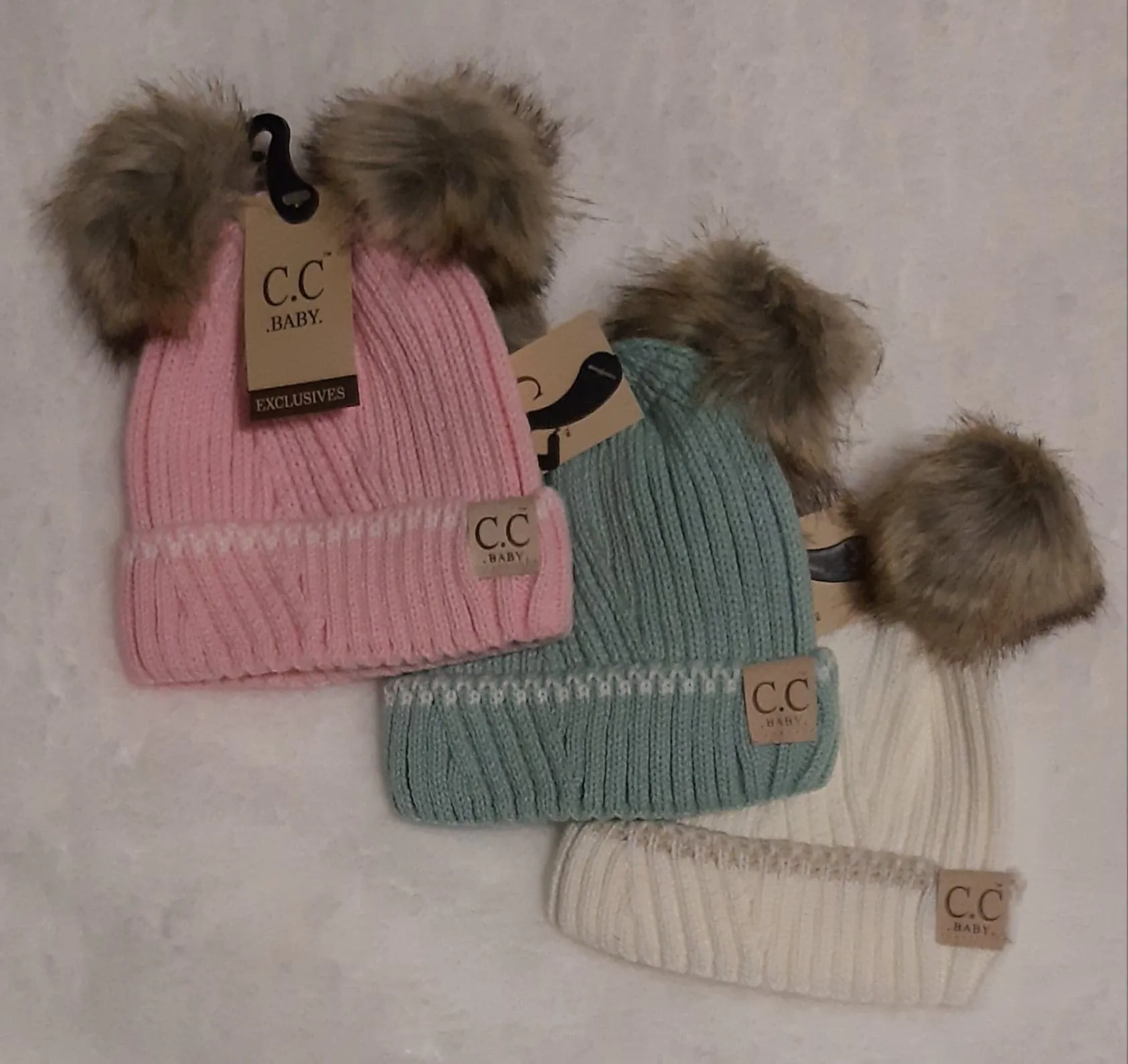 Baby Solid Knit Double Fur Pom Beanie