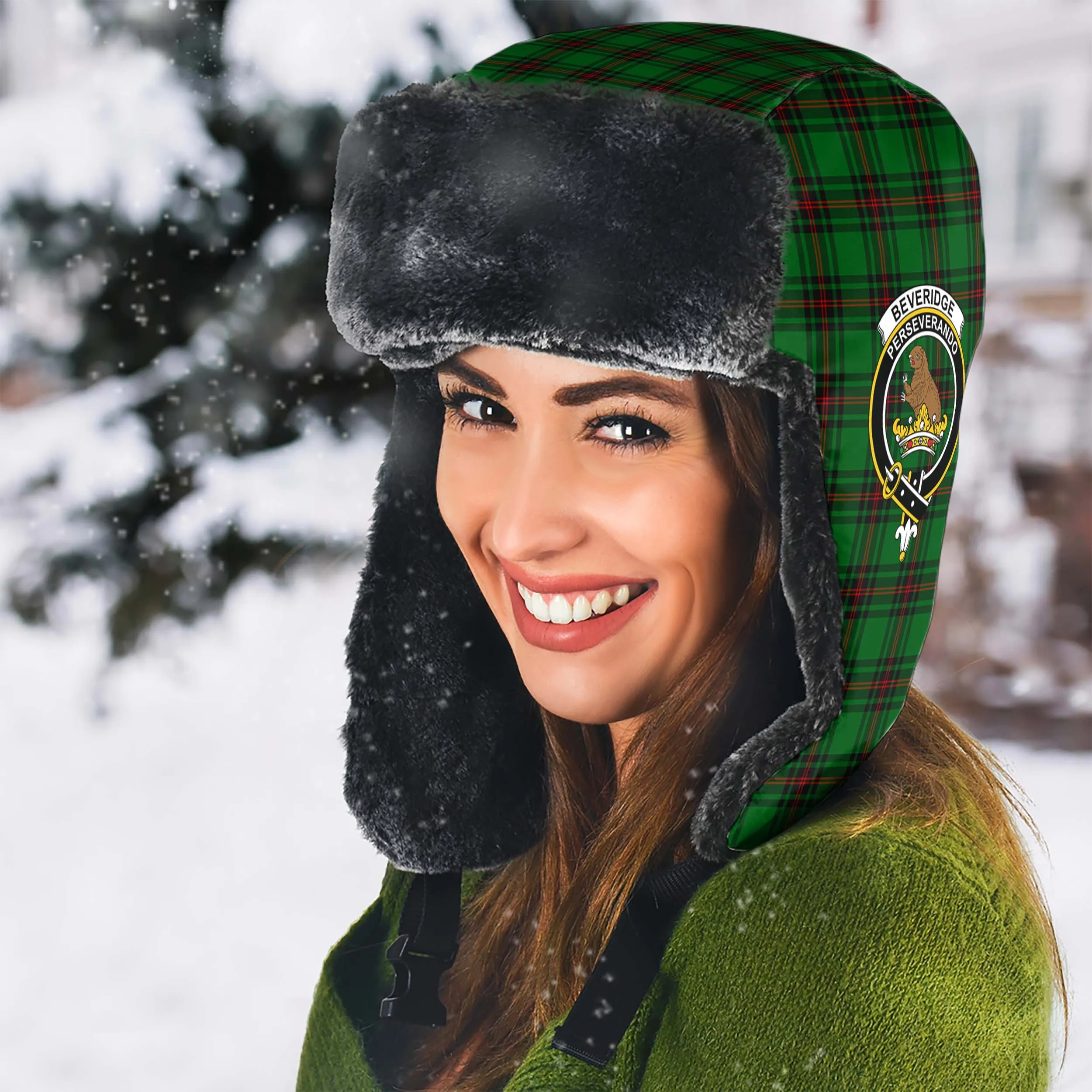 Beveridge Tartan Winter Trapper Hat with Family Crest