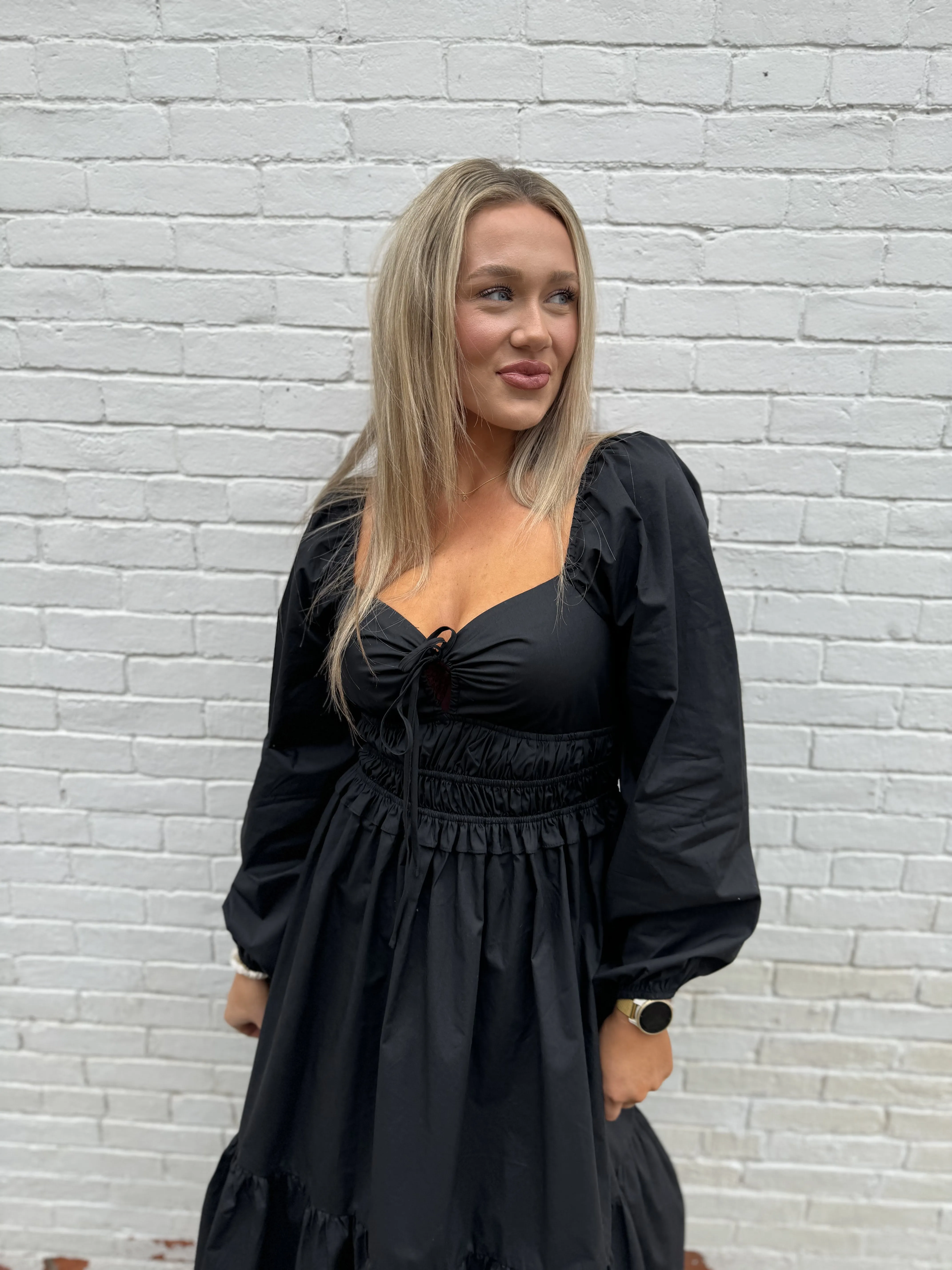 Black Long Sleeve Ruched Waist Dress