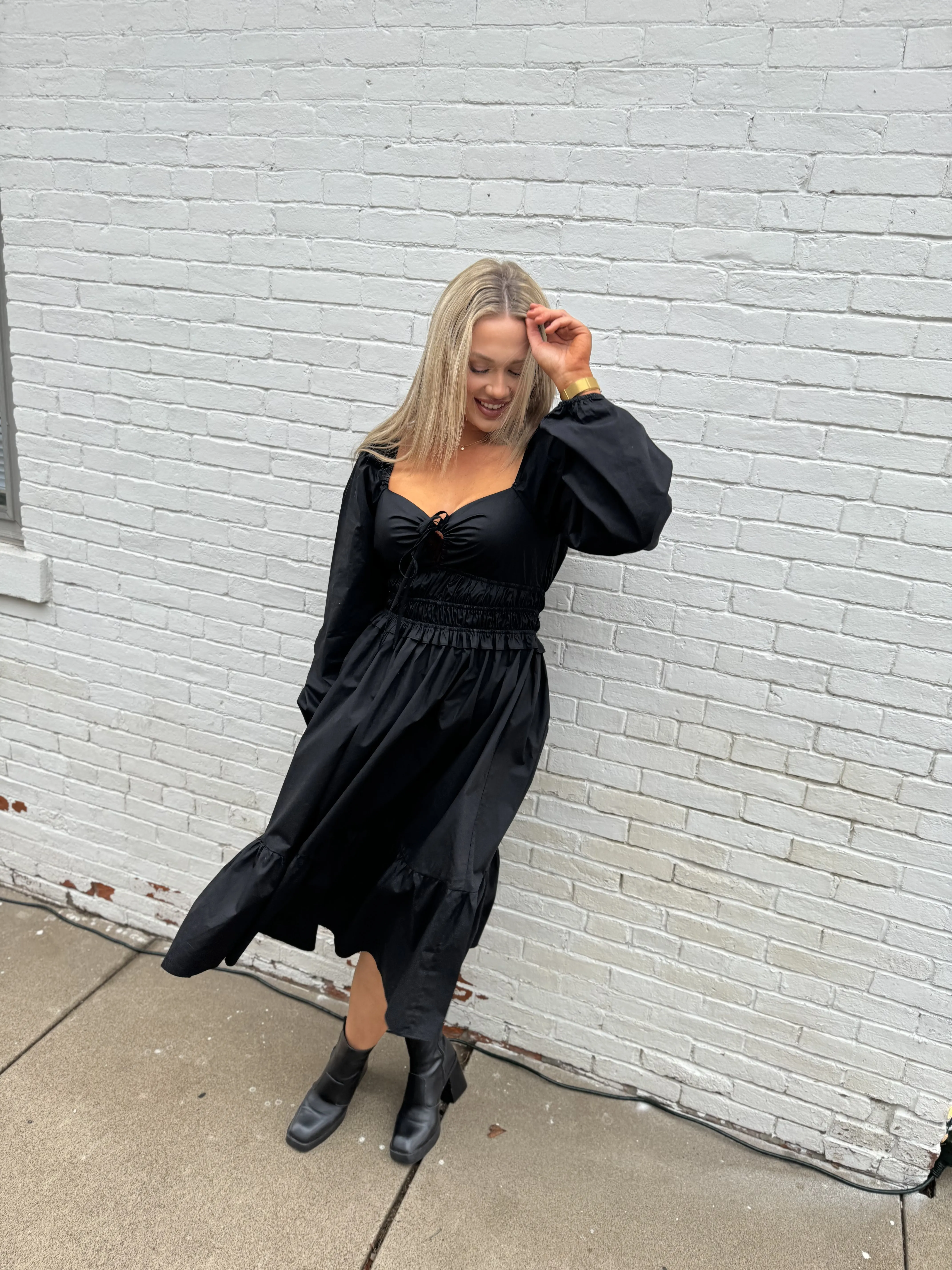 Black Long Sleeve Ruched Waist Dress