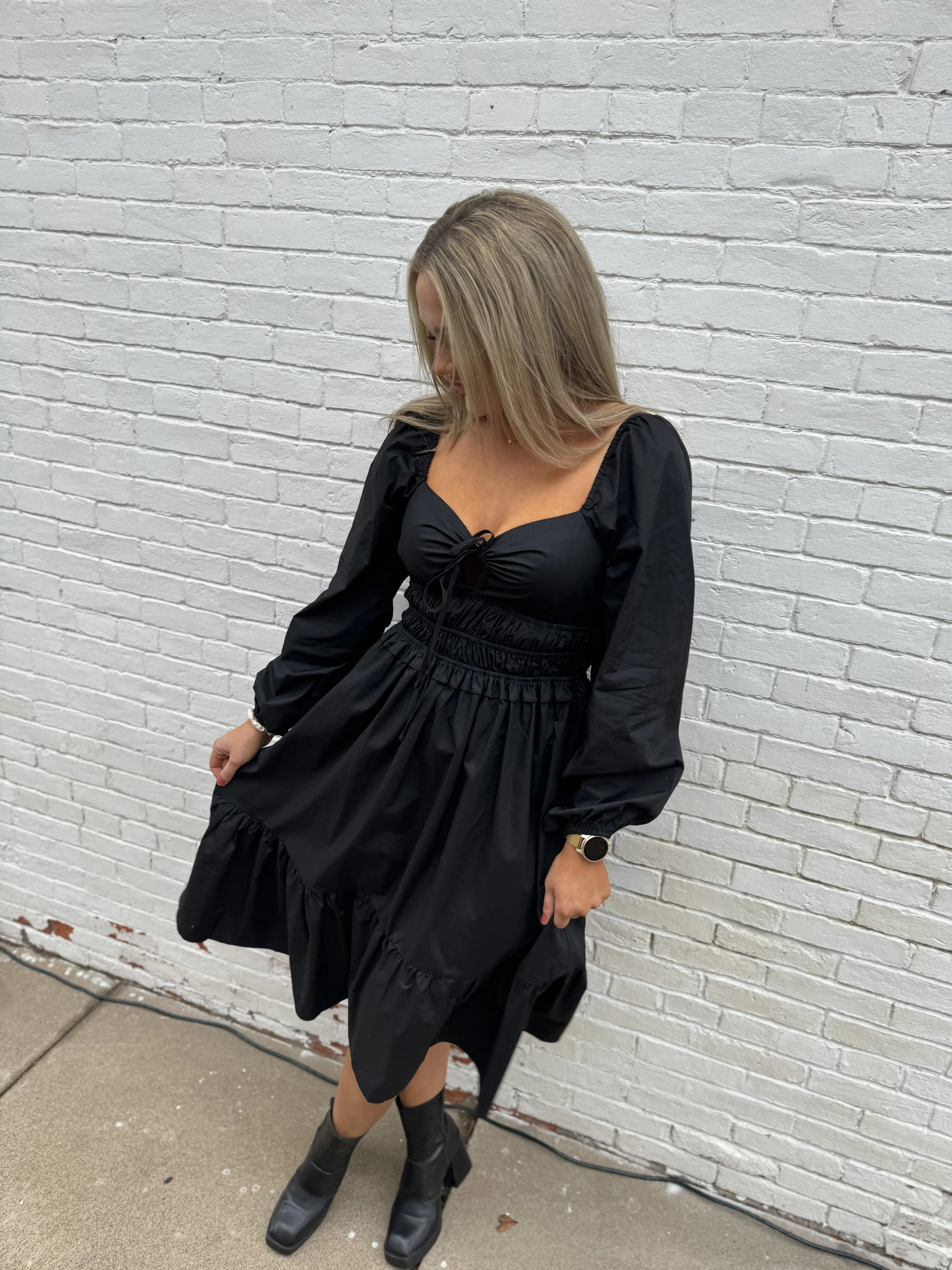 Black Long Sleeve Ruched Waist Dress