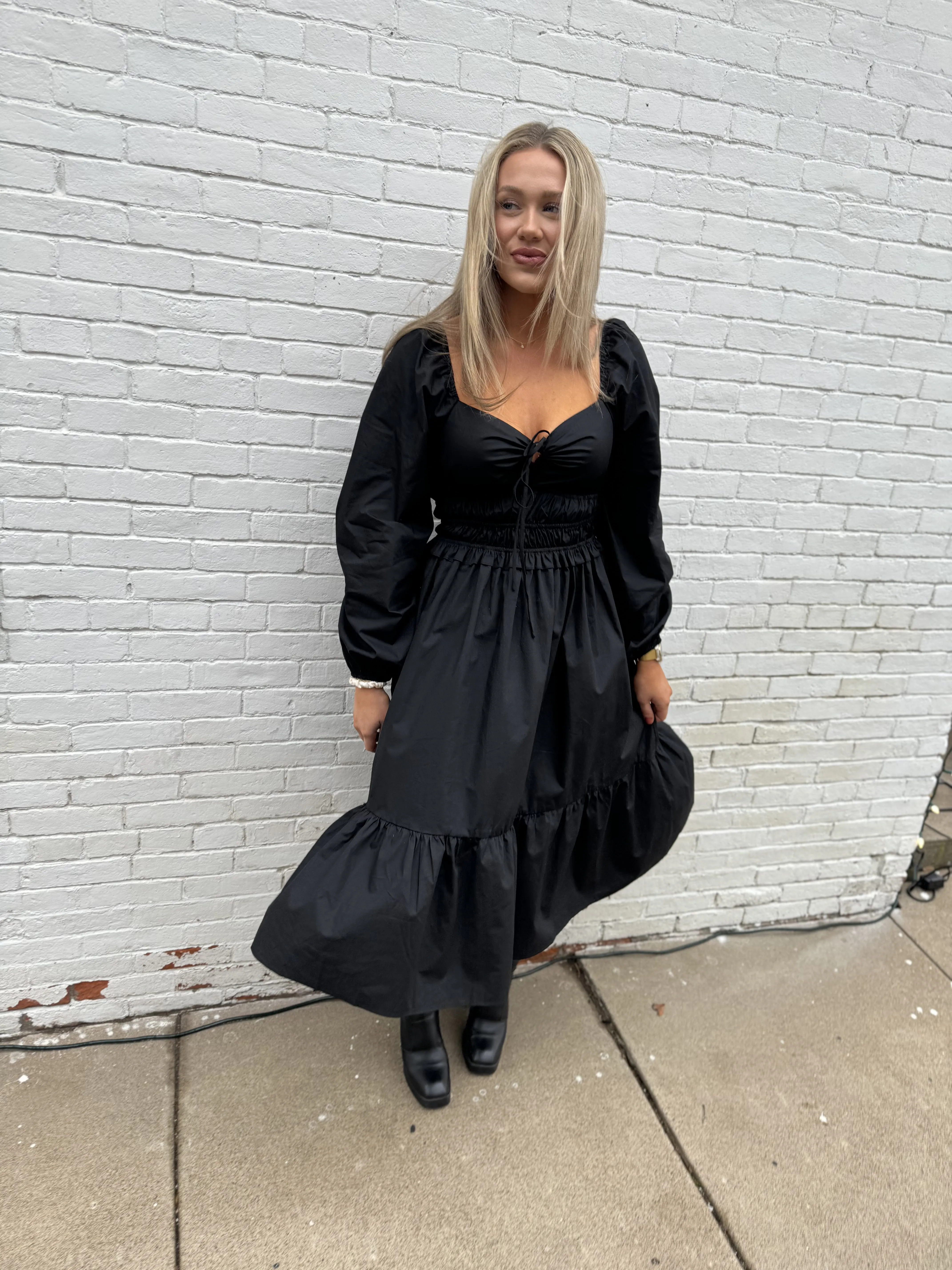 Black Long Sleeve Ruched Waist Dress