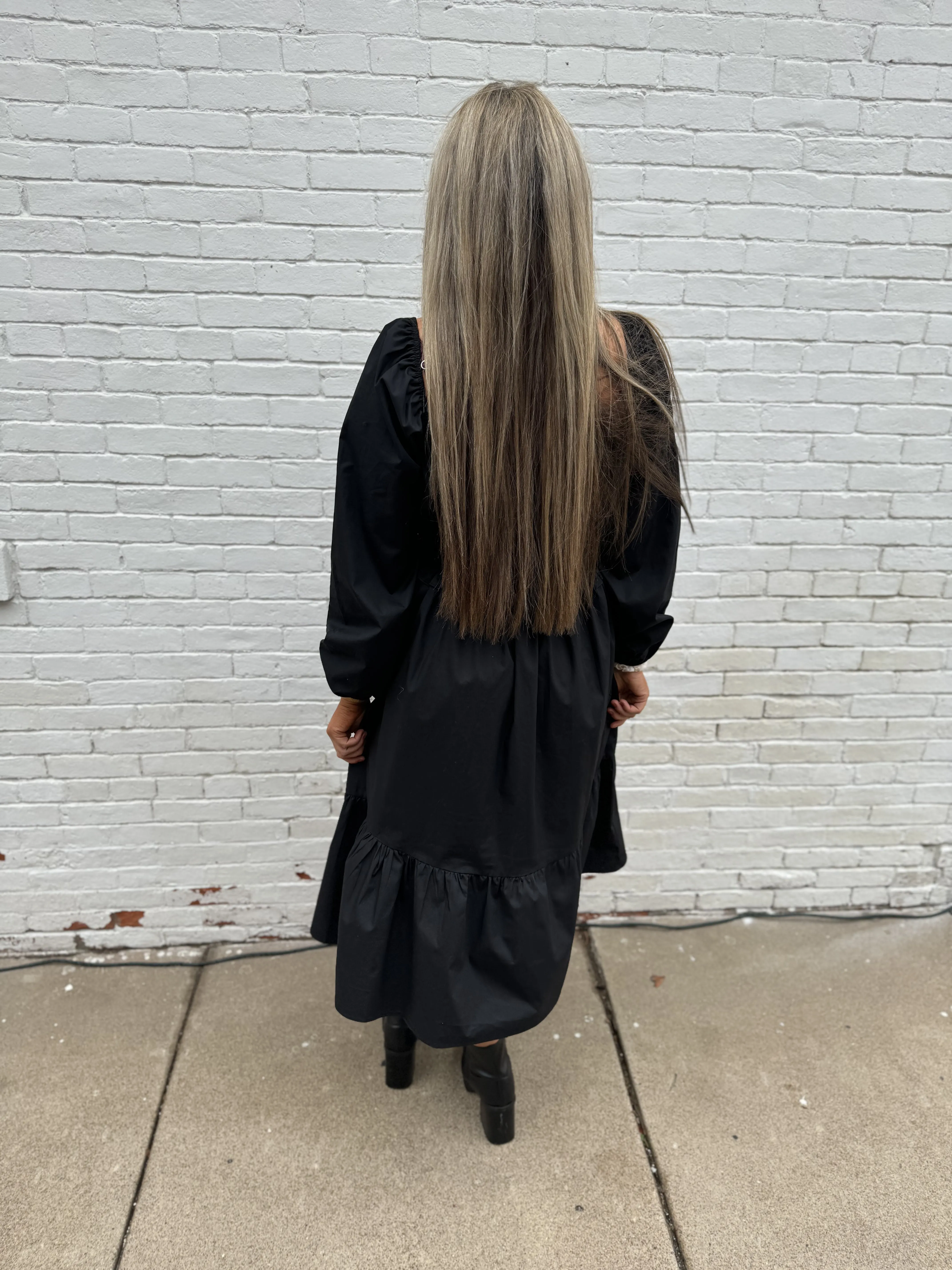 Black Long Sleeve Ruched Waist Dress