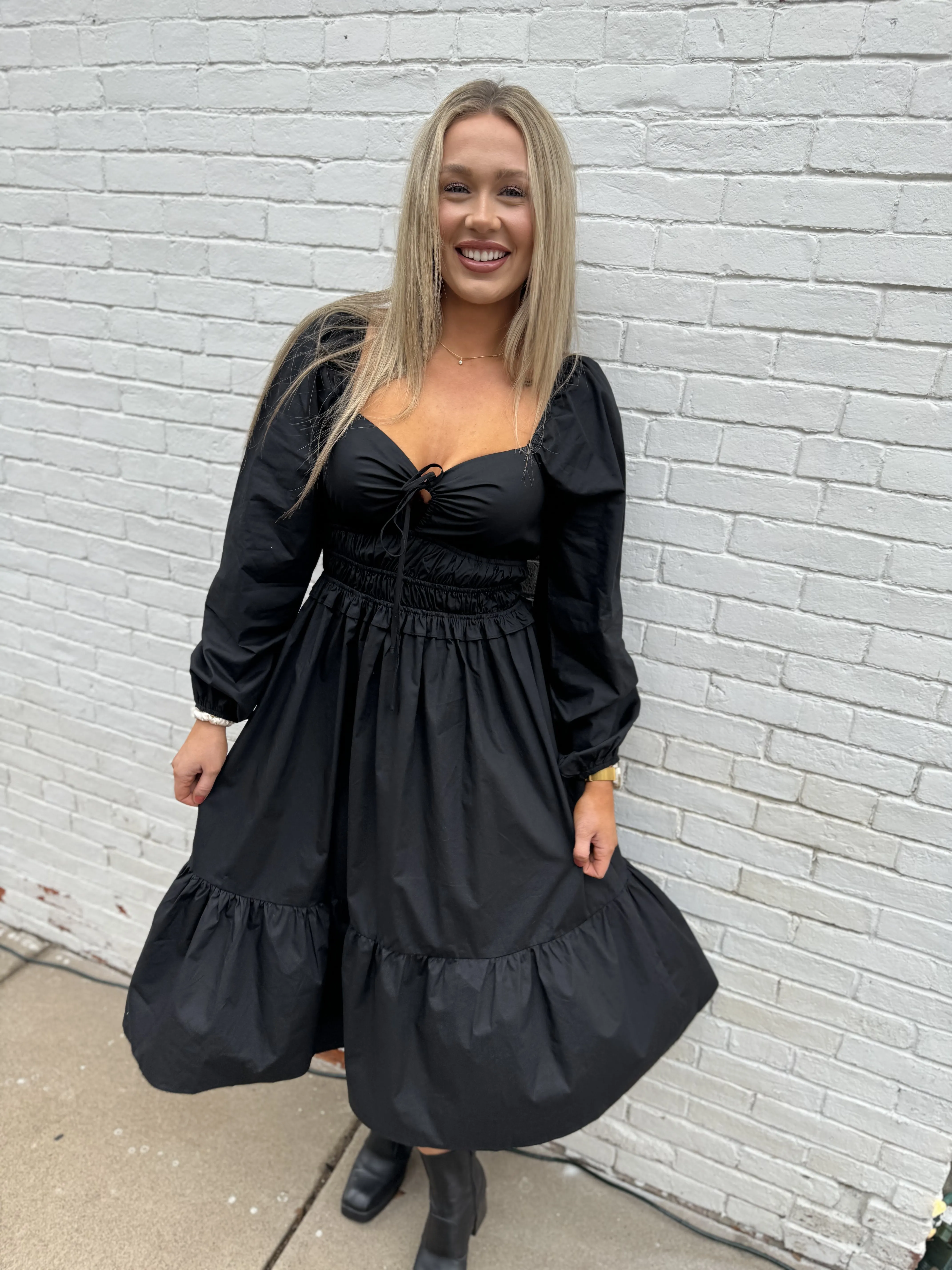 Black Long Sleeve Ruched Waist Dress