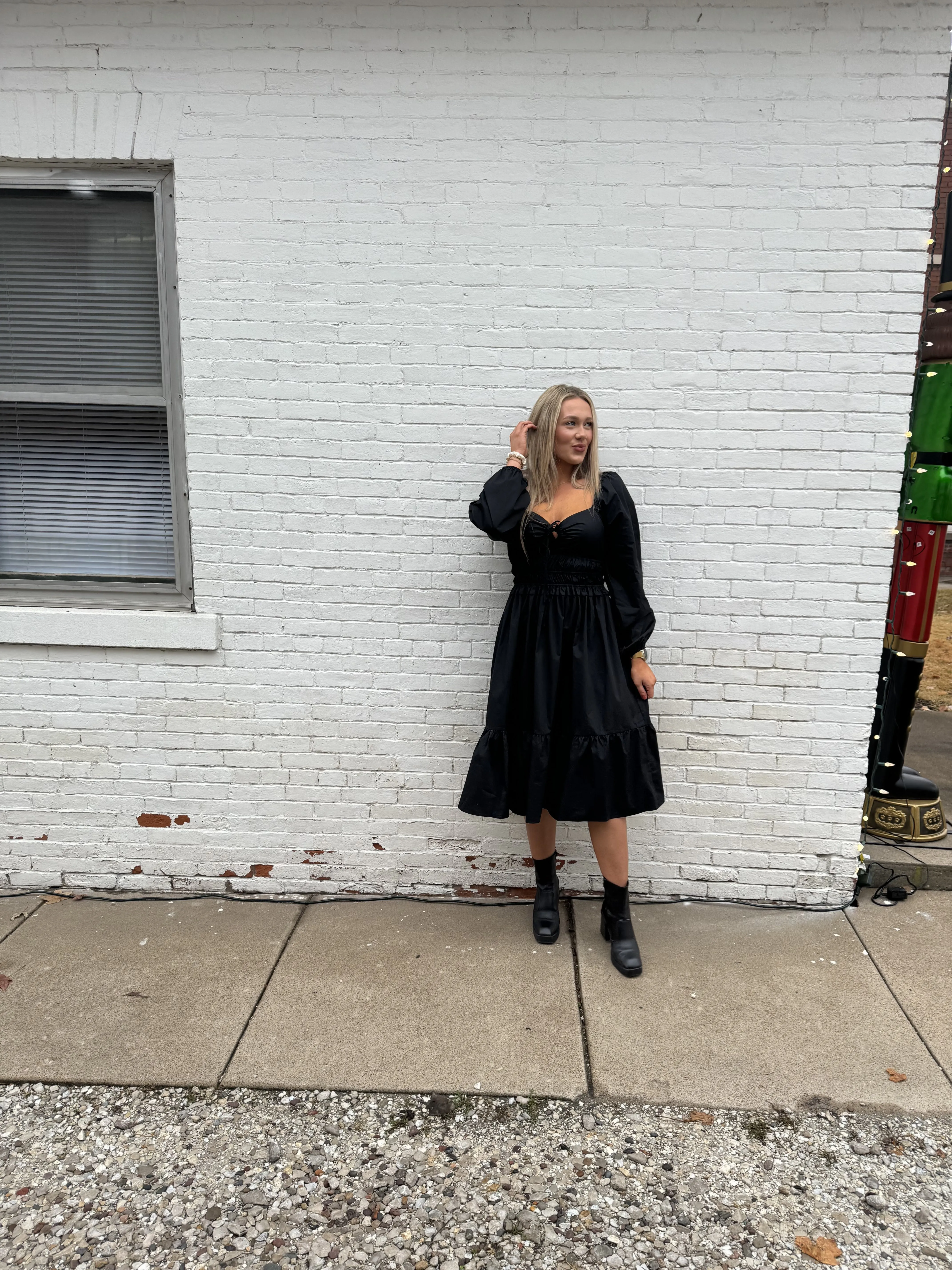 Black Long Sleeve Ruched Waist Dress