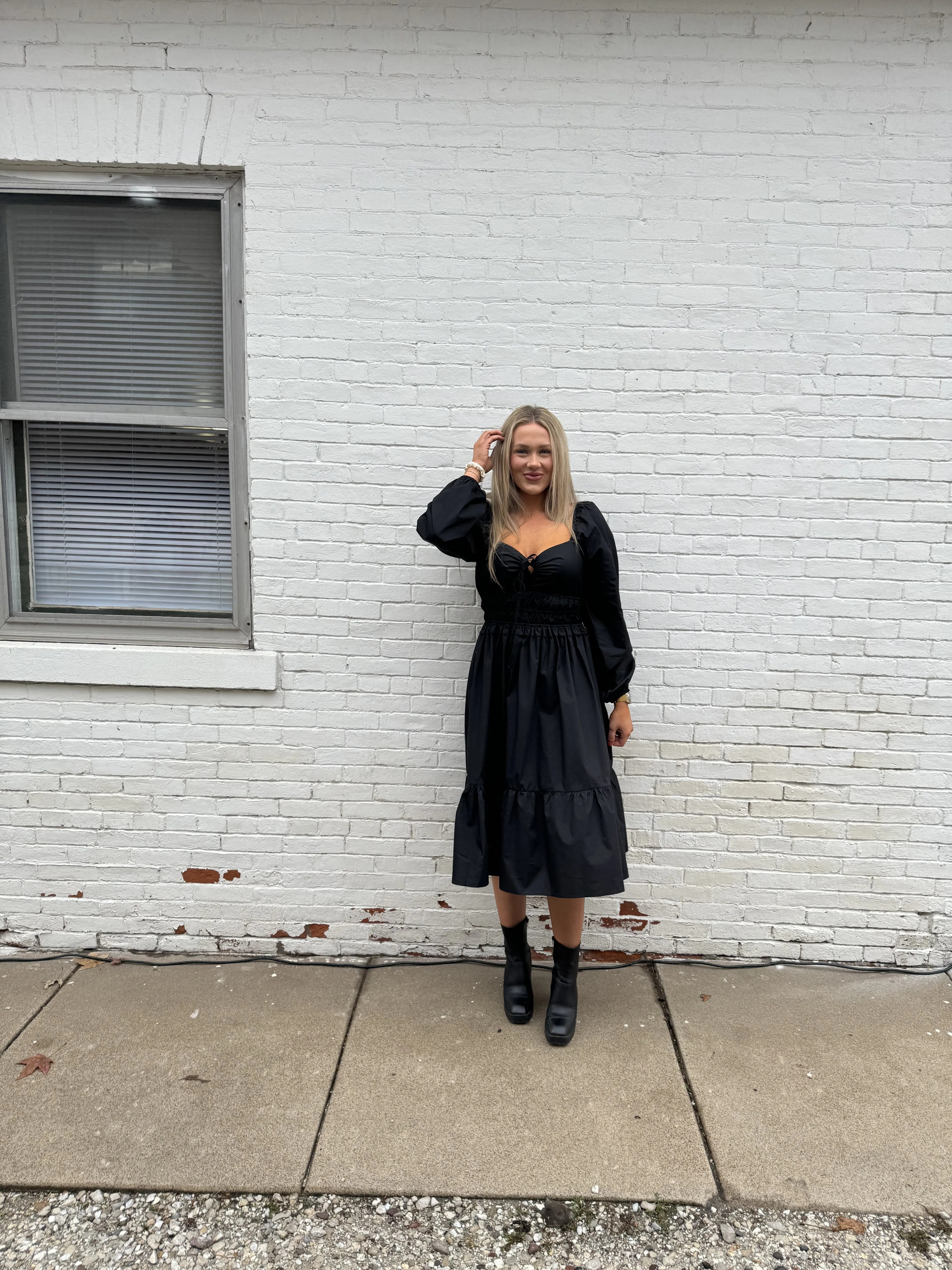 Black Long Sleeve Ruched Waist Dress