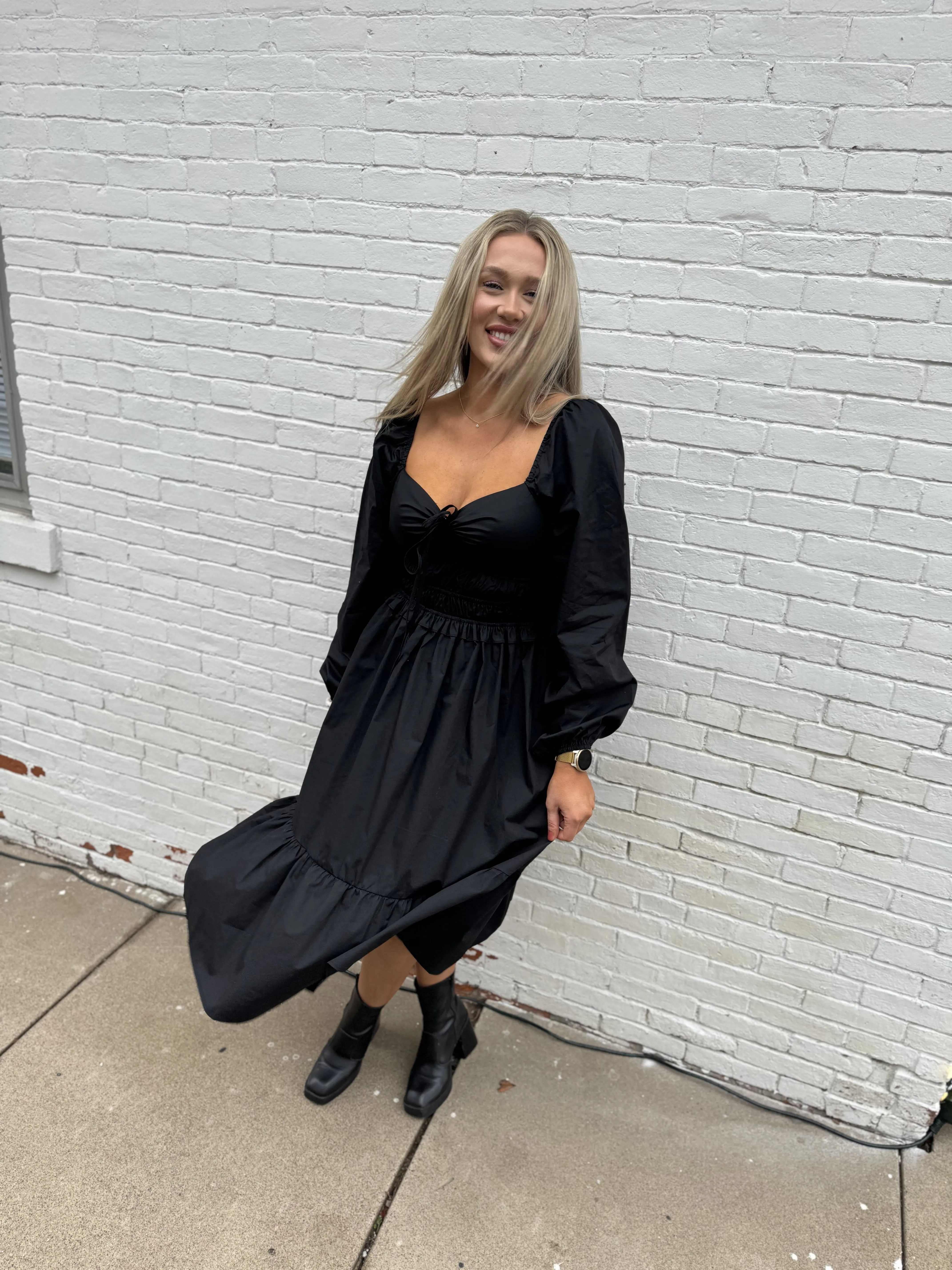 Black Long Sleeve Ruched Waist Dress