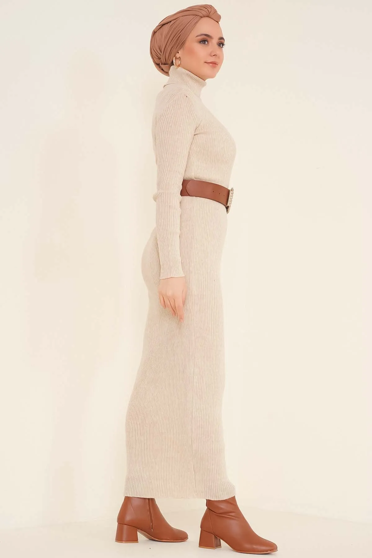 BNG Women Beige Ribbed Long Sweater Dress - Clermont