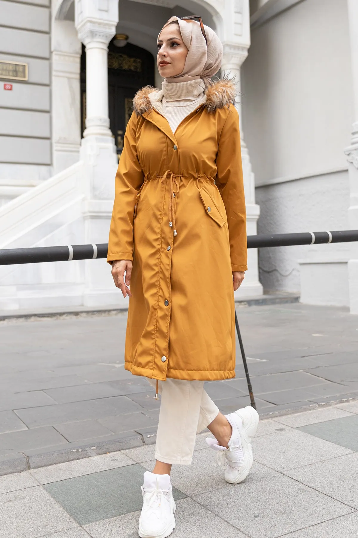 BNG Women Mustard Bonded Coat with Fur Collar - Clermont