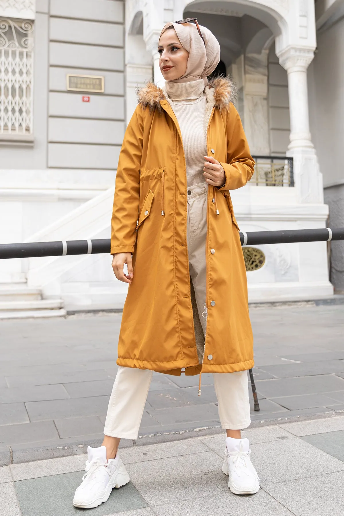 BNG Women Mustard Bonded Coat with Fur Collar - Clermont