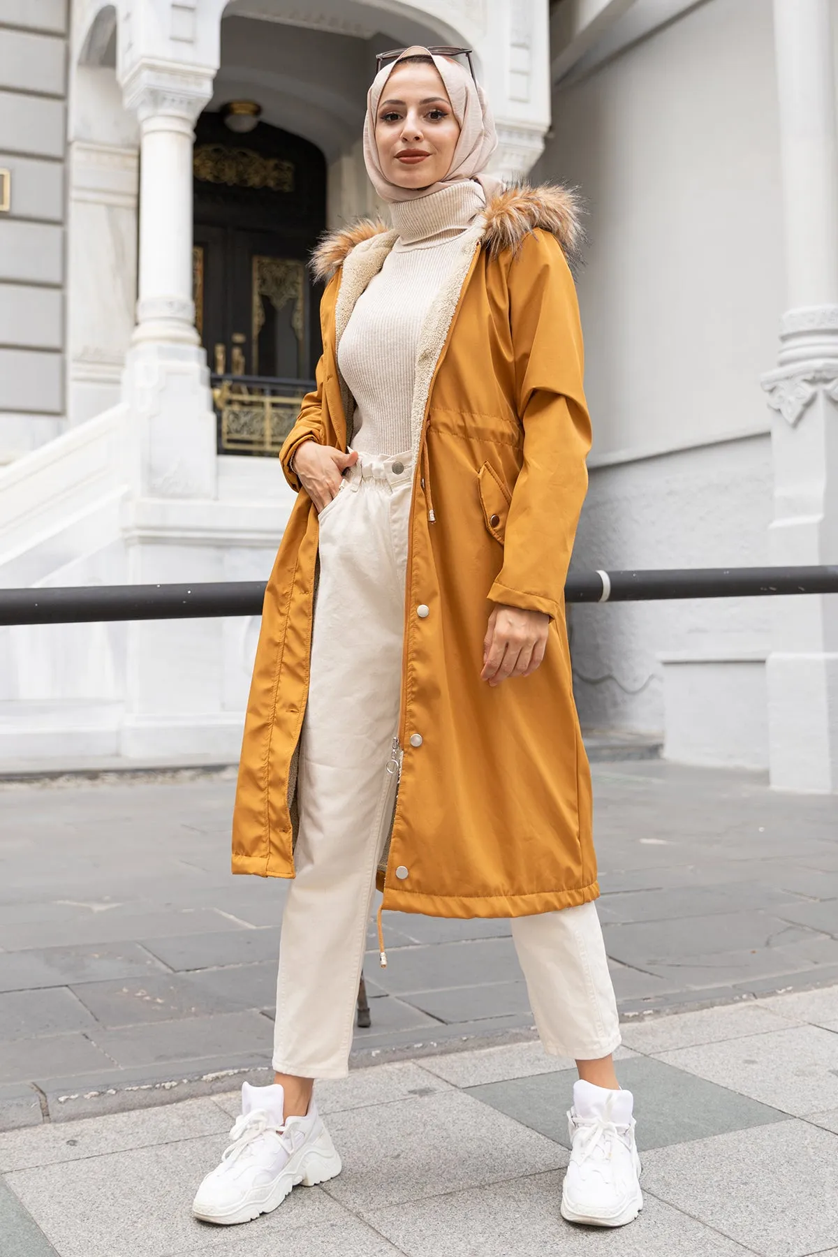 BNG Women Mustard Bonded Coat with Fur Collar - Clermont