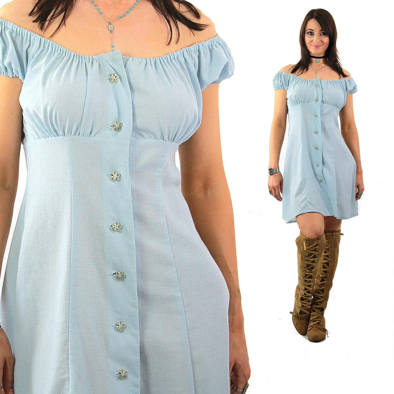 Boho off shoulder button up mini dress