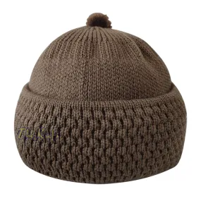 Brown Winter Beanie With Pompom Thick Faux Wool Double Layer Warm Hat Cap One-Size