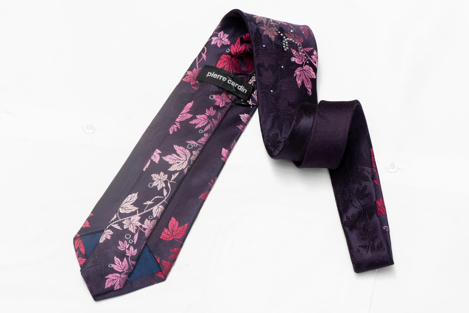 Burgundy Floral Scrolls On Navy Rhinestone Silk Tie With Silver Sparkles