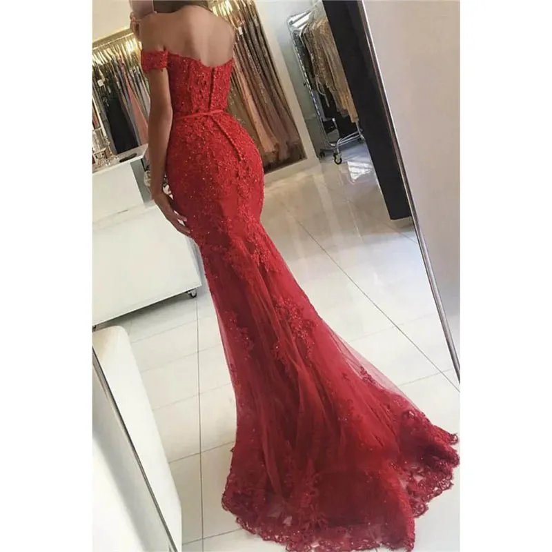 Burgundy Lace Beaded Off-the-shoulder Mermaid Prom Dress
