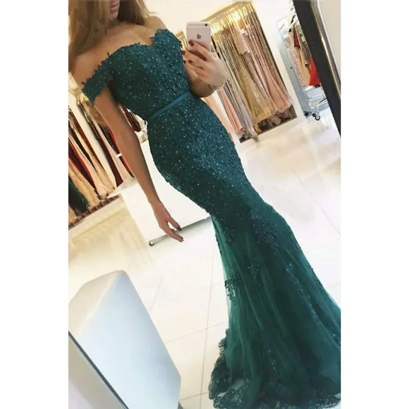 Burgundy Lace Beaded Off-the-shoulder Mermaid Prom Dress