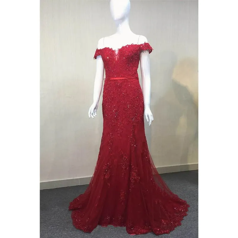 Burgundy Lace Beaded Off-the-shoulder Mermaid Prom Dress