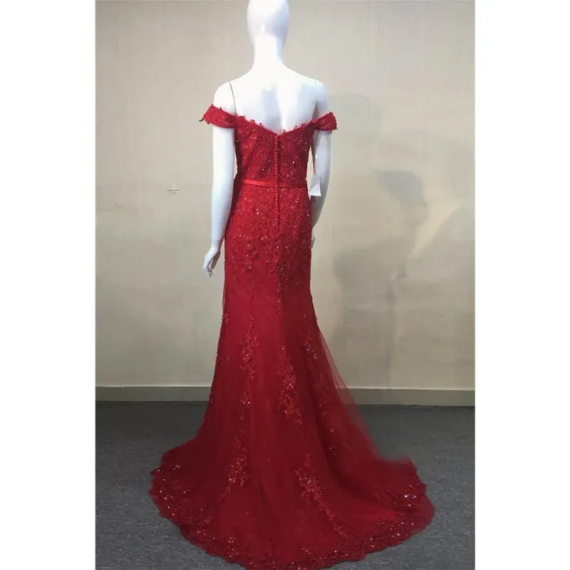 Burgundy Lace Beaded Off-the-shoulder Mermaid Prom Dress