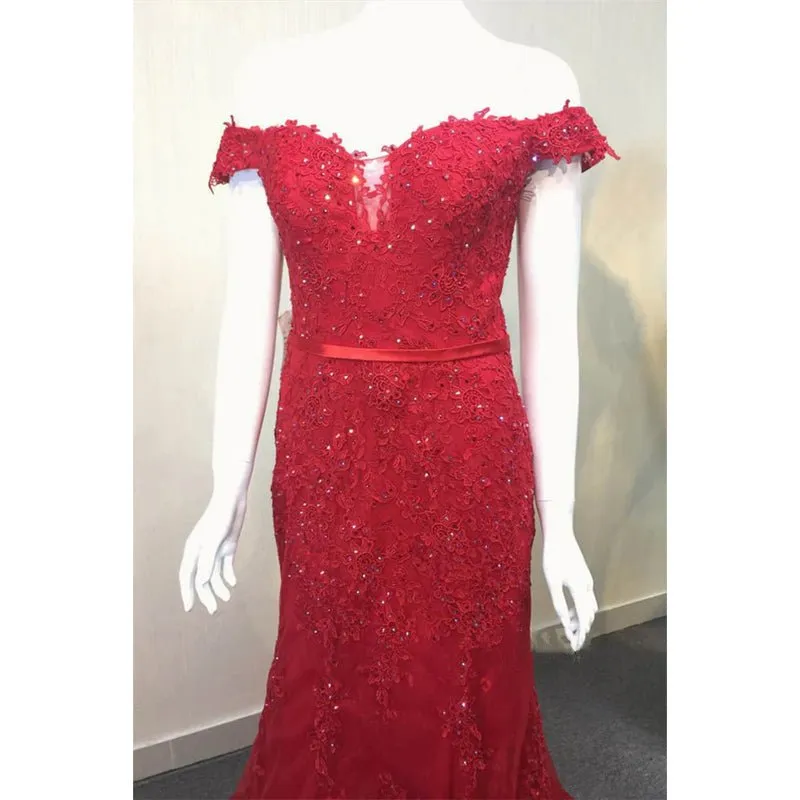 Burgundy Lace Beaded Off-the-shoulder Mermaid Prom Dress