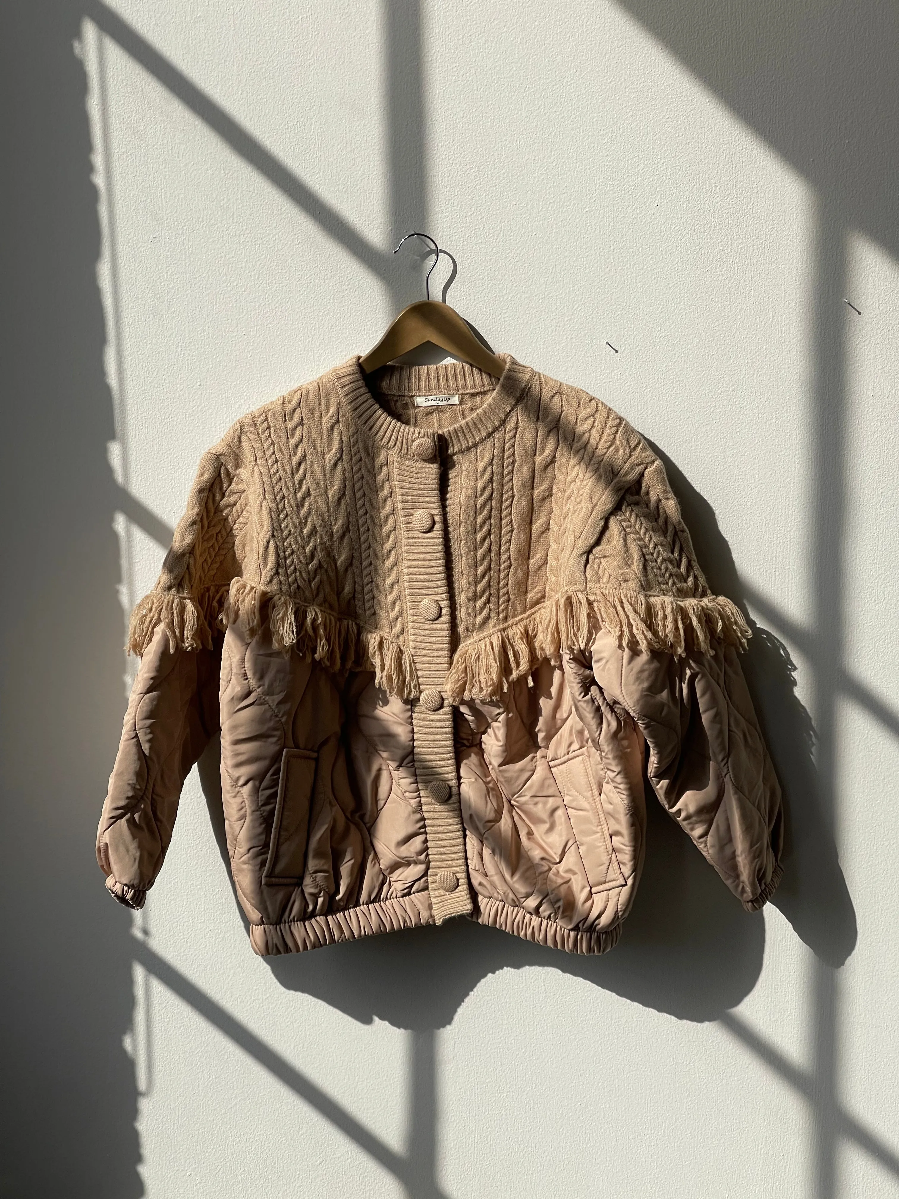 Carson Quilted Cable Knit & Fringe Jacket In Sand