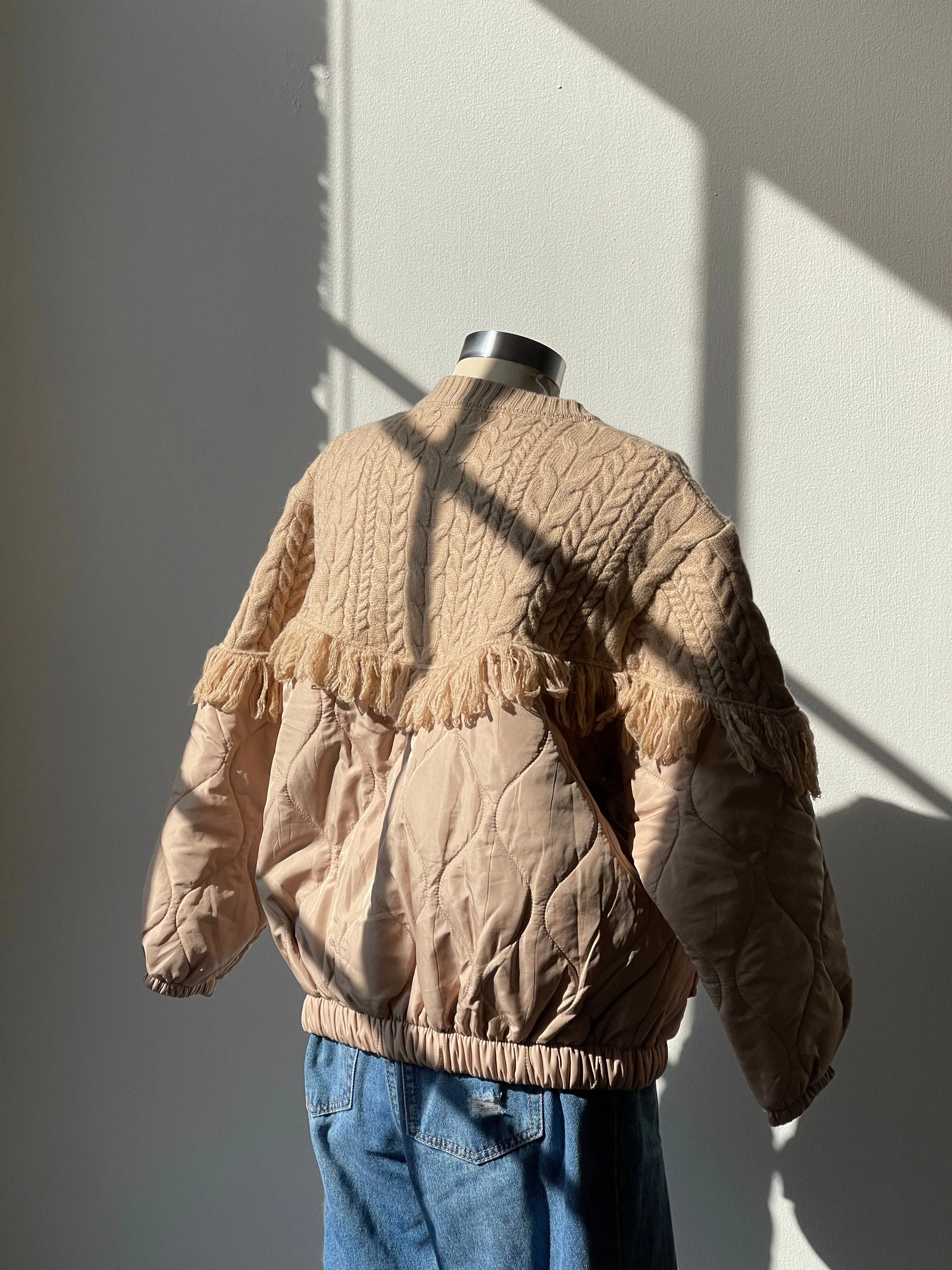 Carson Quilted Cable Knit & Fringe Jacket In Sand