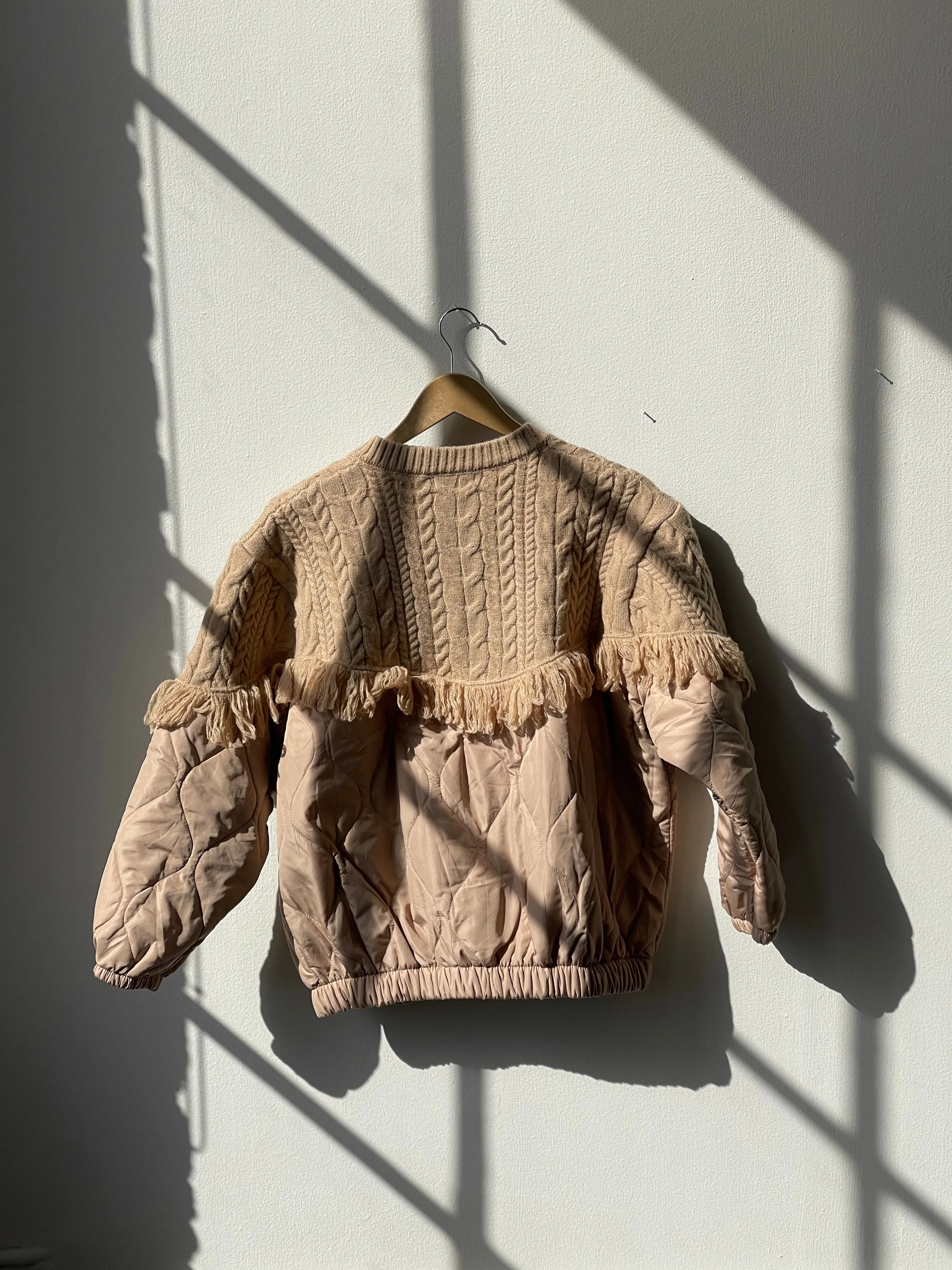 Carson Quilted Cable Knit & Fringe Jacket In Sand