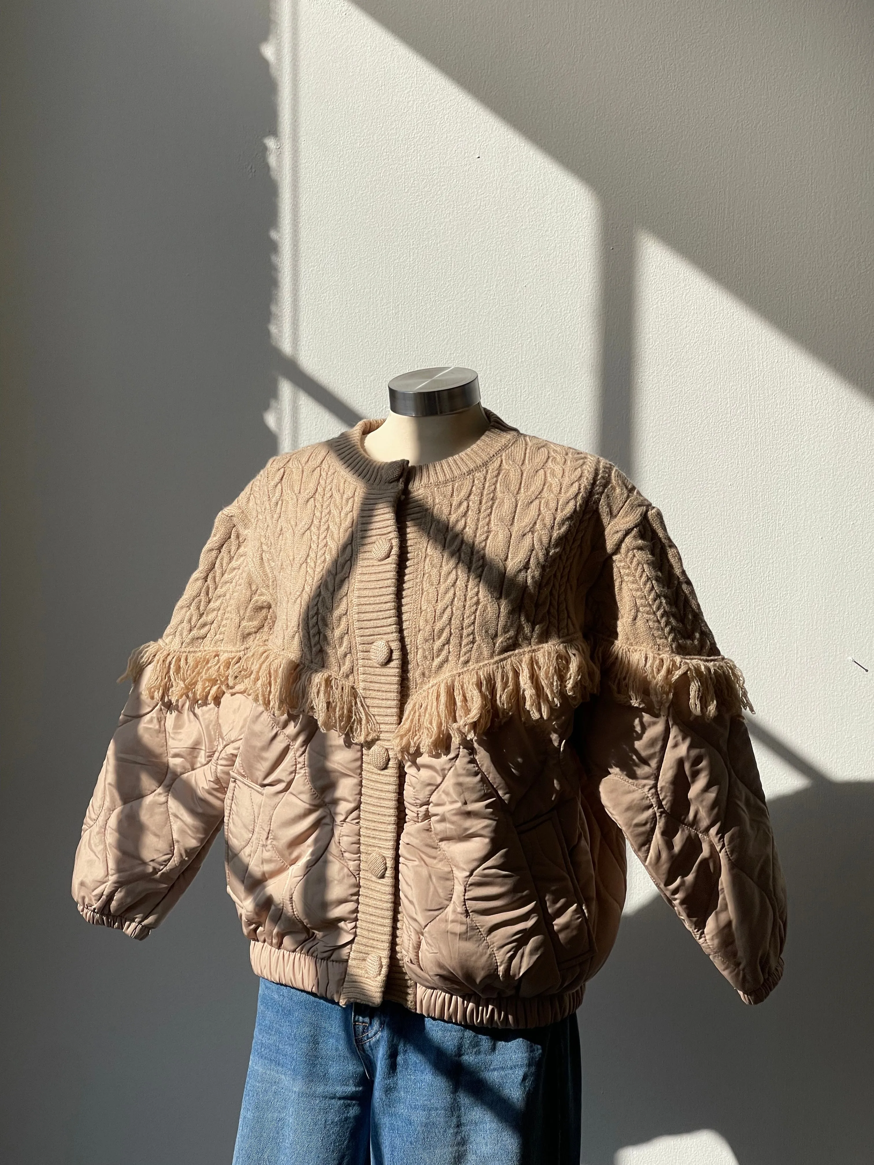 Carson Quilted Cable Knit & Fringe Jacket In Sand
