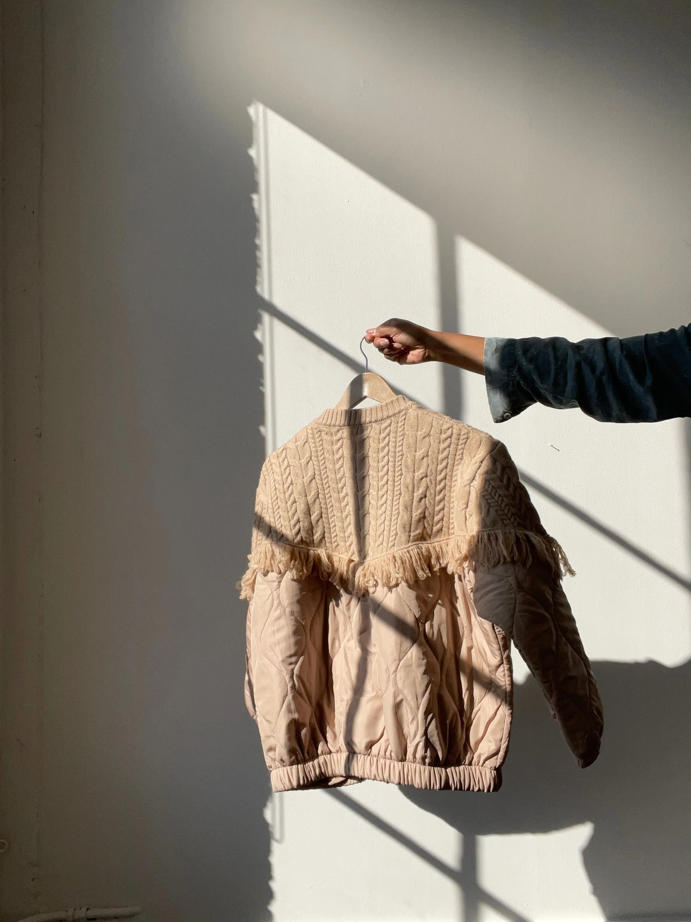 Carson Quilted Cable Knit & Fringe Jacket In Sand