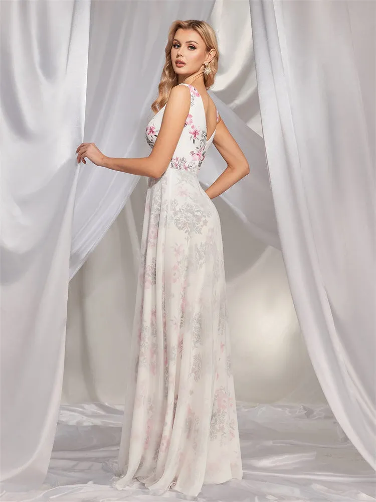 Chiffon White V-Neck Printed Evening Dress