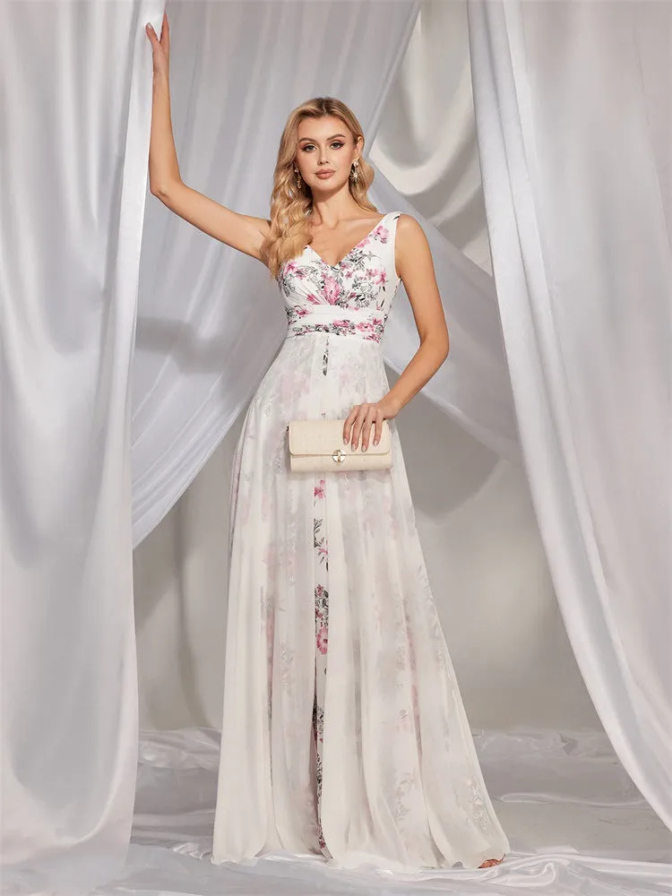 Chiffon White V-Neck Printed Evening Dress