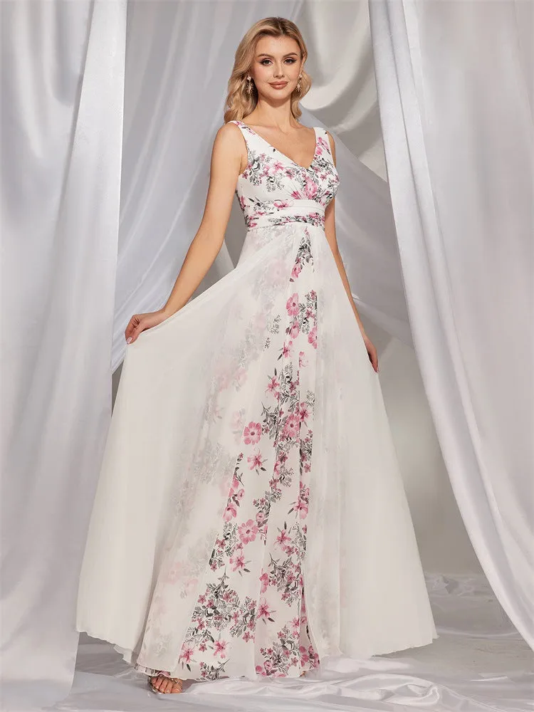 Chiffon White V-Neck Printed Evening Dress