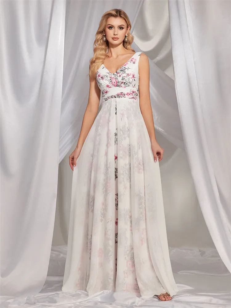 Chiffon White V-Neck Printed Evening Dress
