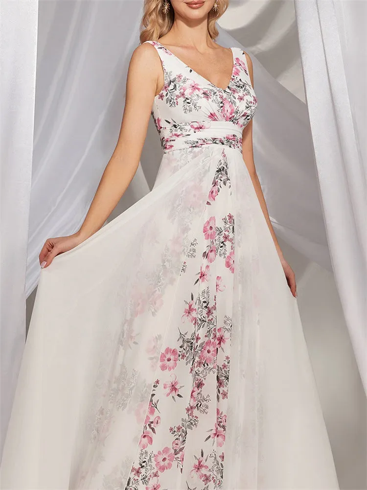 Chiffon White V-Neck Printed Evening Dress
