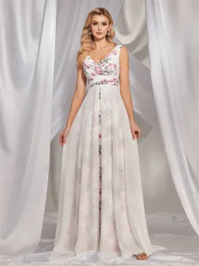 Chiffon White V-Neck Printed Evening Dress