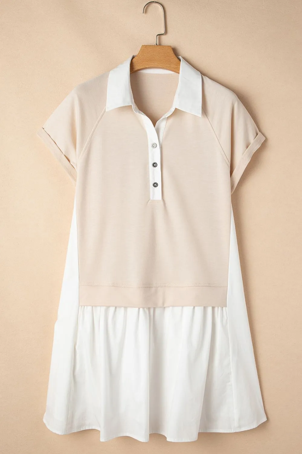 Collared Neck Buttoned Patchwork Short Sleeve Mini Dress