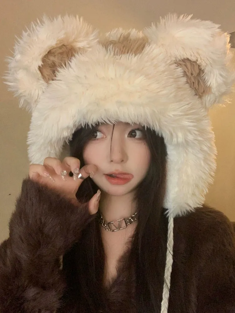 Cute Little Bear Hat  Thick Plush Winter Ear Protection for Women
