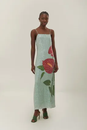 FARM RIO blue anthurium flowers slip maxi dress