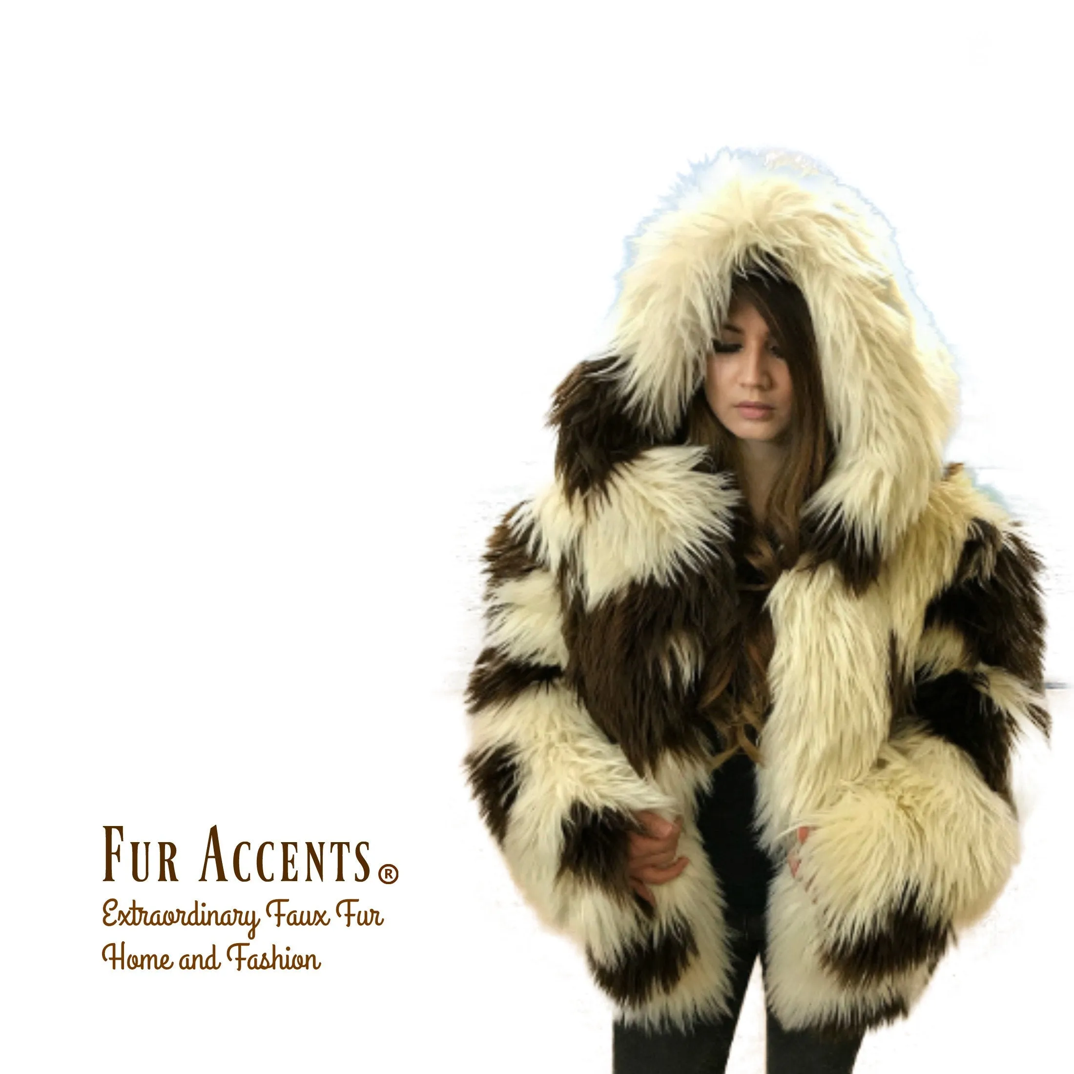 FUR ACCENTS Exotic Faux Fur Shaggy Thick Long Hair Icelandic Sheepskin Hooded Coat -  Unisex Jacket - One Size - Oversize