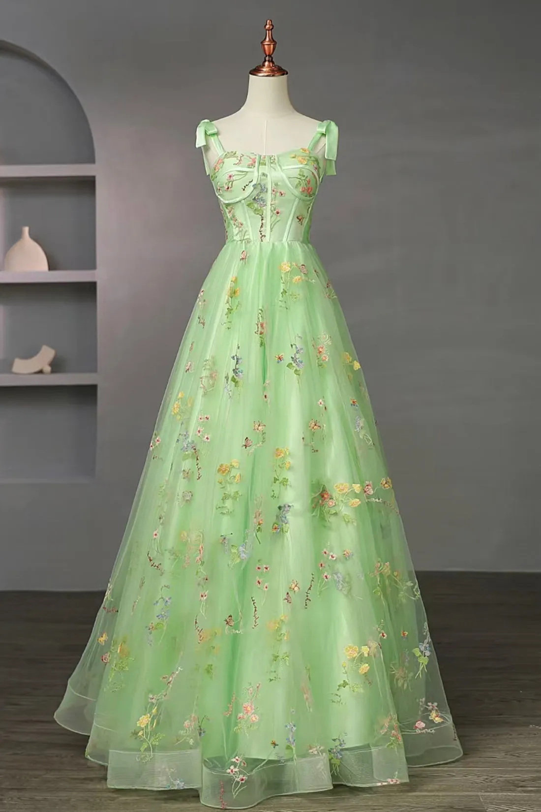 Green Floral Tulle Long A-Line Formal Dress, Beautiful Spaghetti Strap Evening Gown