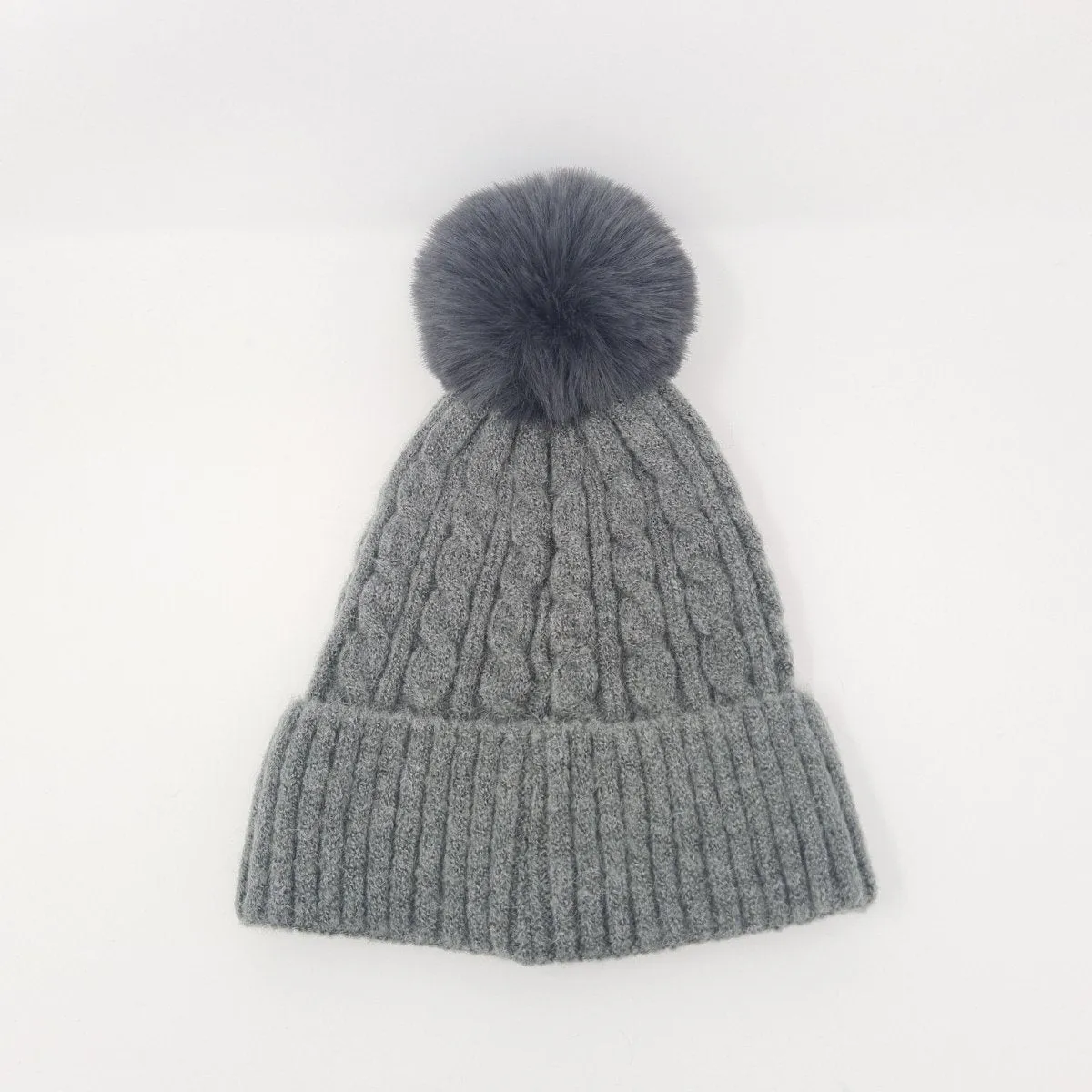 Grey Luxury Cable Knit Hat with Faux Fur Pom-Pom