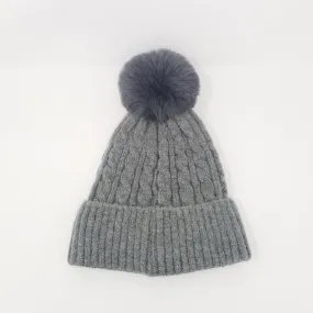 Grey Luxury Cable Knit Hat with Faux Fur Pom-Pom