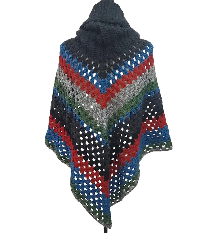 Handmade Chunky Knit Poncho Multi-Color One Size
