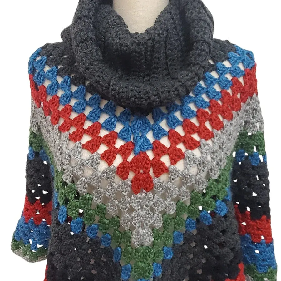 Handmade Chunky Knit Poncho Multi-Color One Size