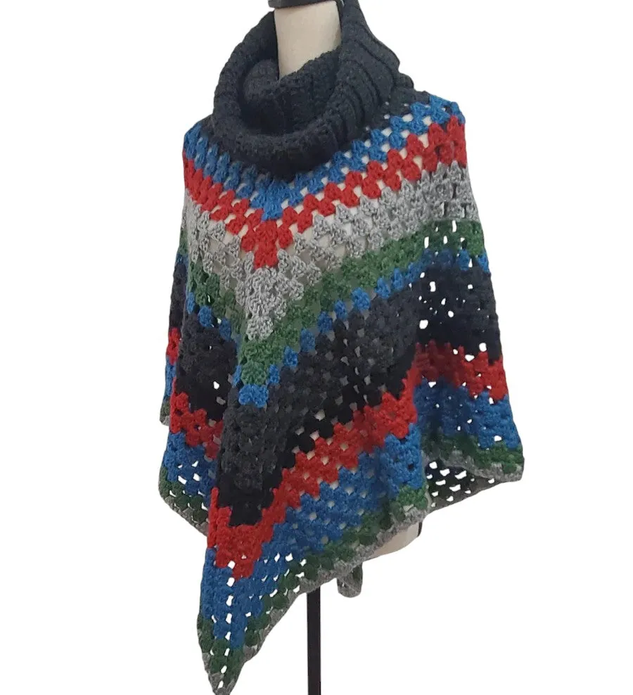 Handmade Chunky Knit Poncho Multi-Color One Size