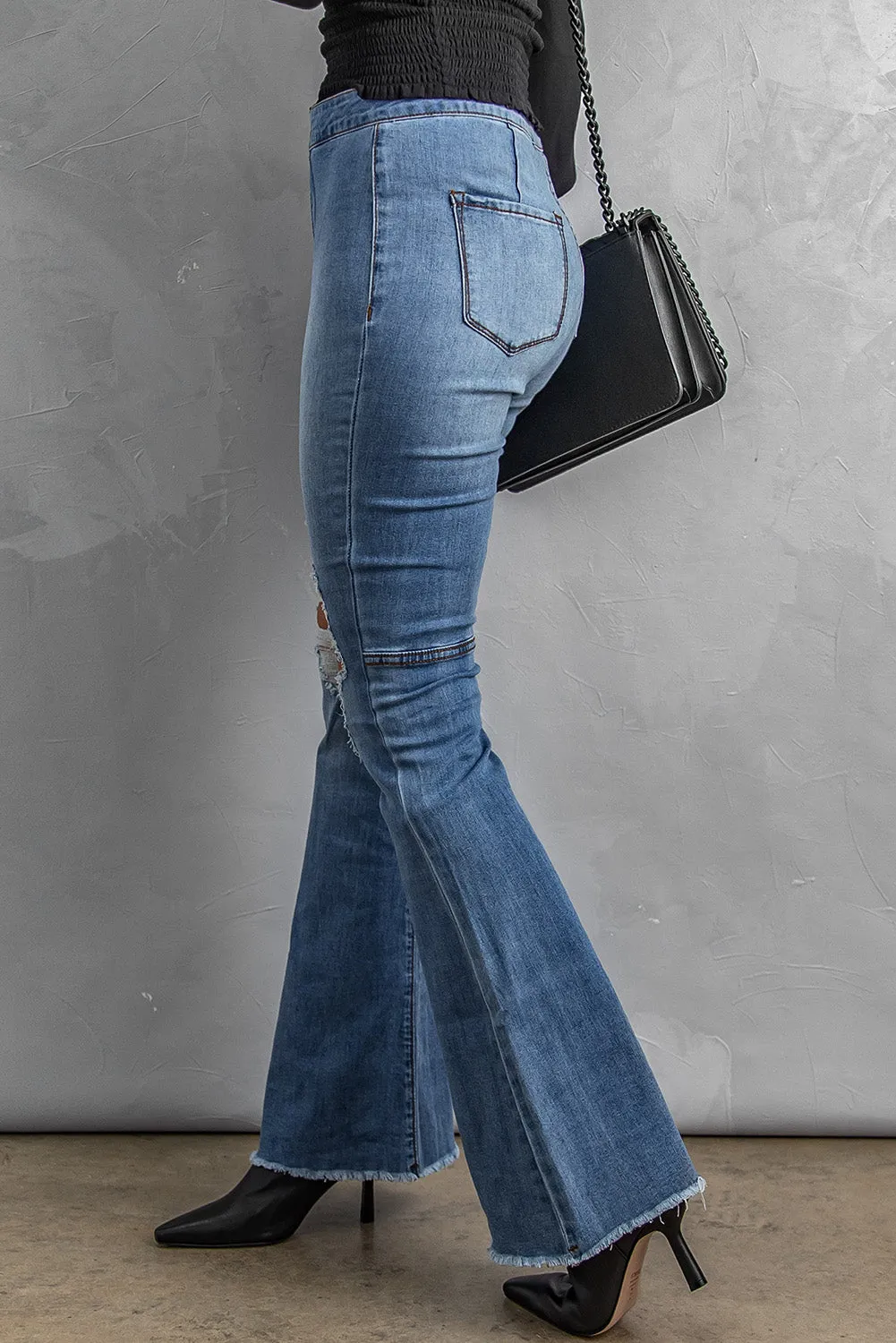 High Waist Raw Hem Button Ripped Flare Jeans