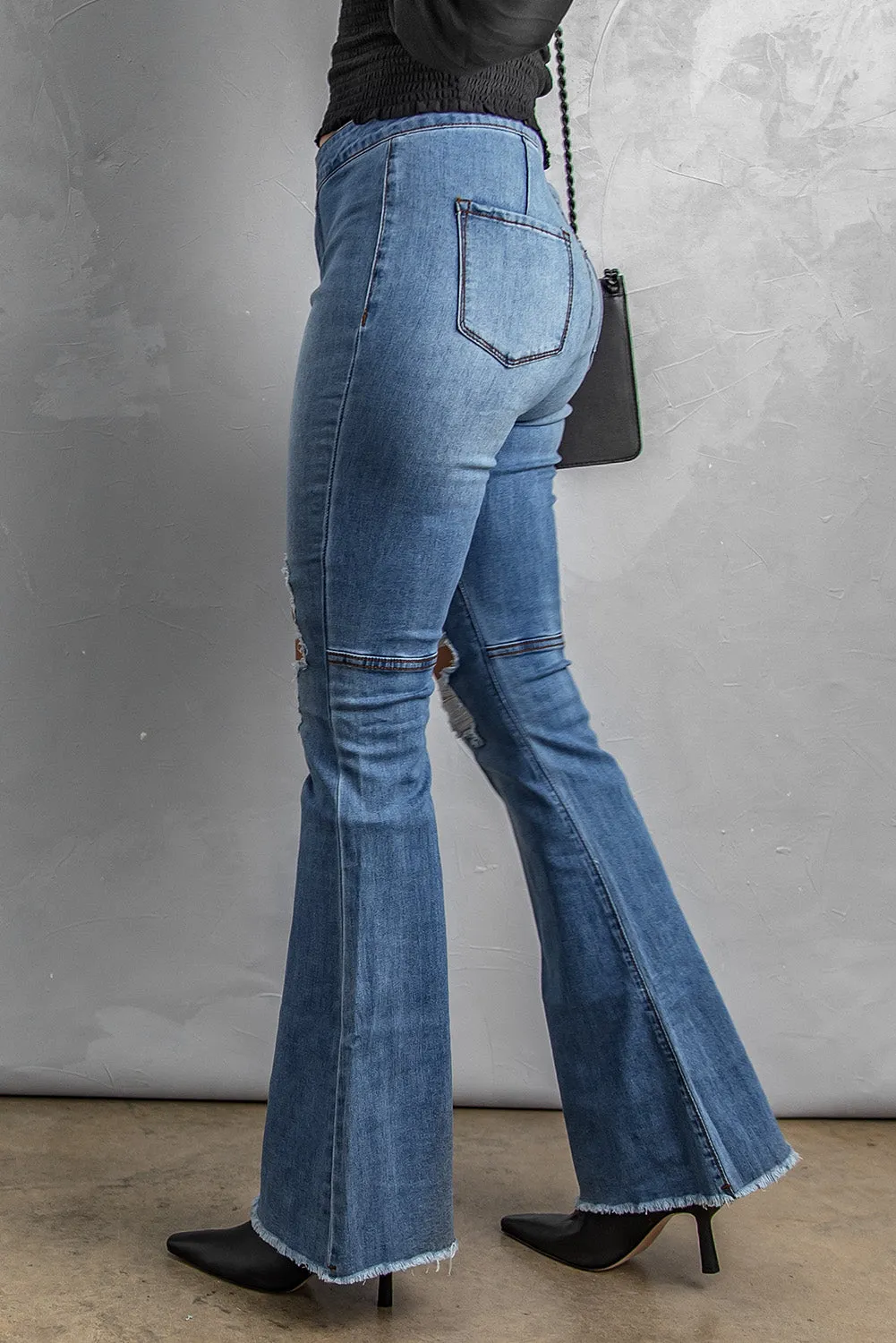 High Waist Raw Hem Button Ripped Flare Jeans
