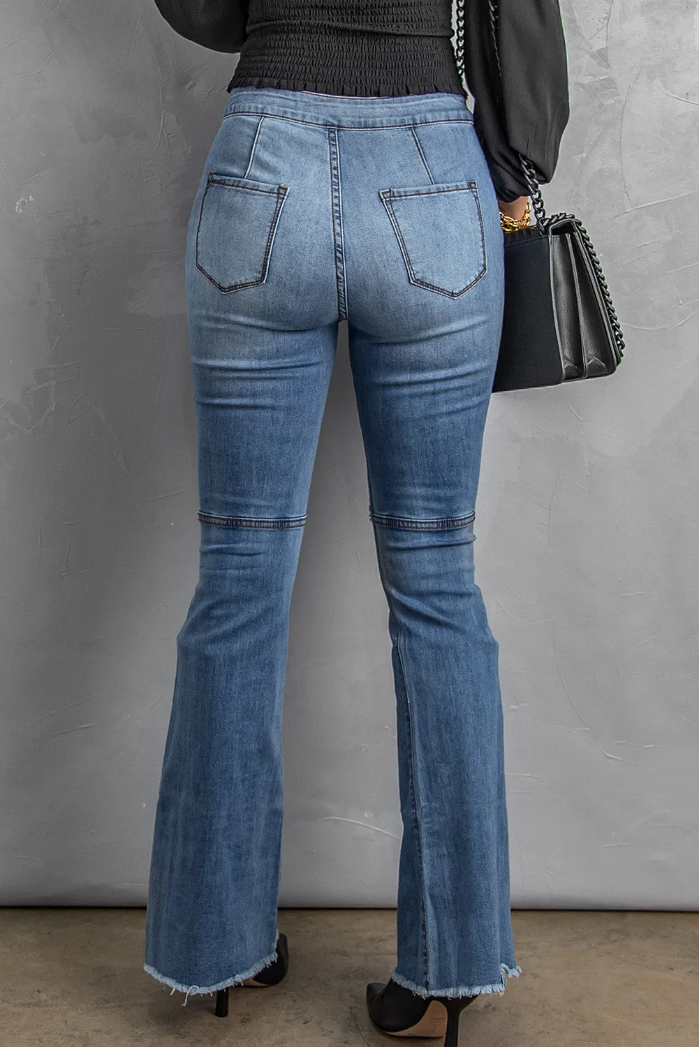 High Waist Raw Hem Button Ripped Flare Jeans