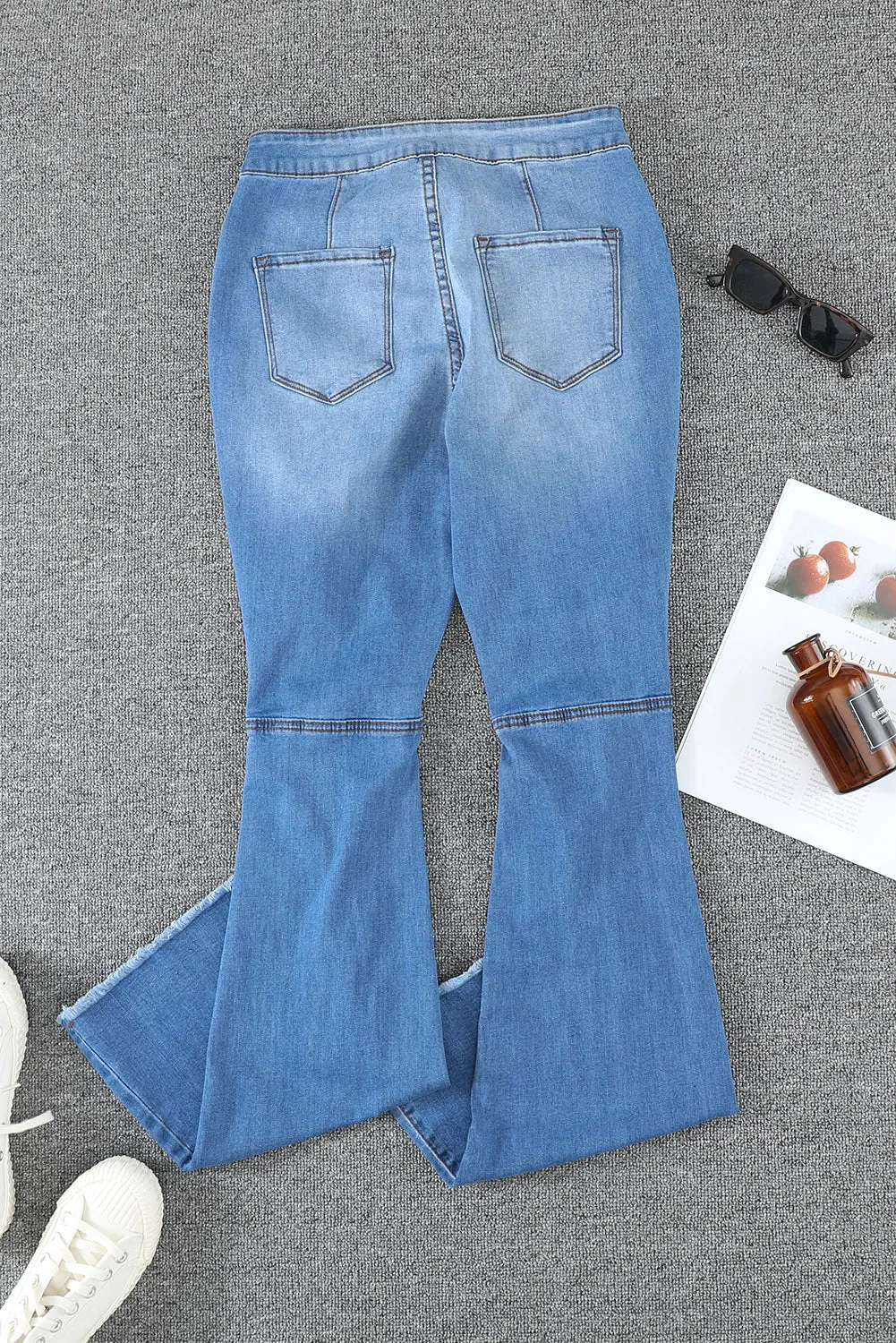 High Waist Raw Hem Button Ripped Flare Jeans