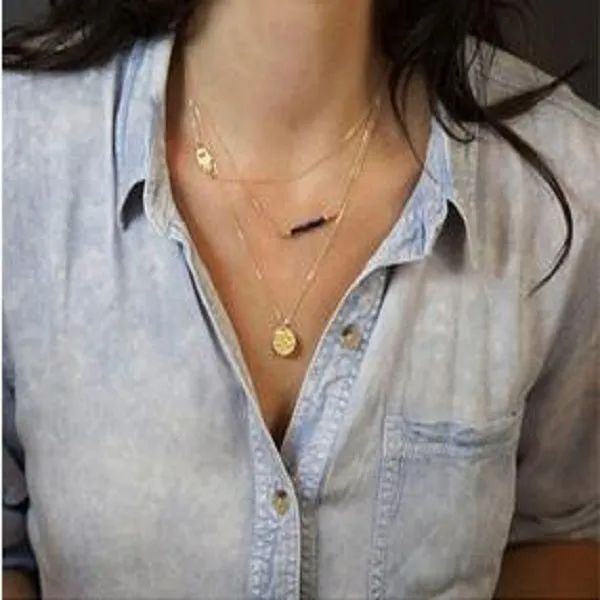 Hot Fashion Alloy Fatima Hand 3 Layer Chain Bar Necklace Beads And Long Strip Pendant Jewelry For Girls And Best Sweet Gifts