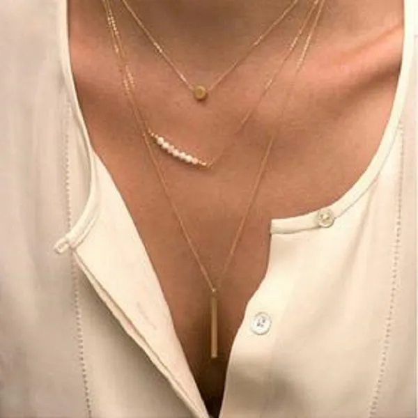 Hot Fashion Alloy Fatima Hand 3 Layer Chain Bar Necklace Beads And Long Strip Pendant Jewelry For Girls And Best Sweet Gifts